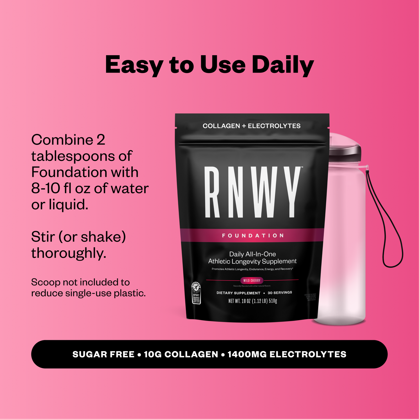 RNWY Foundation supplement package with pink background and text on usage instructions.