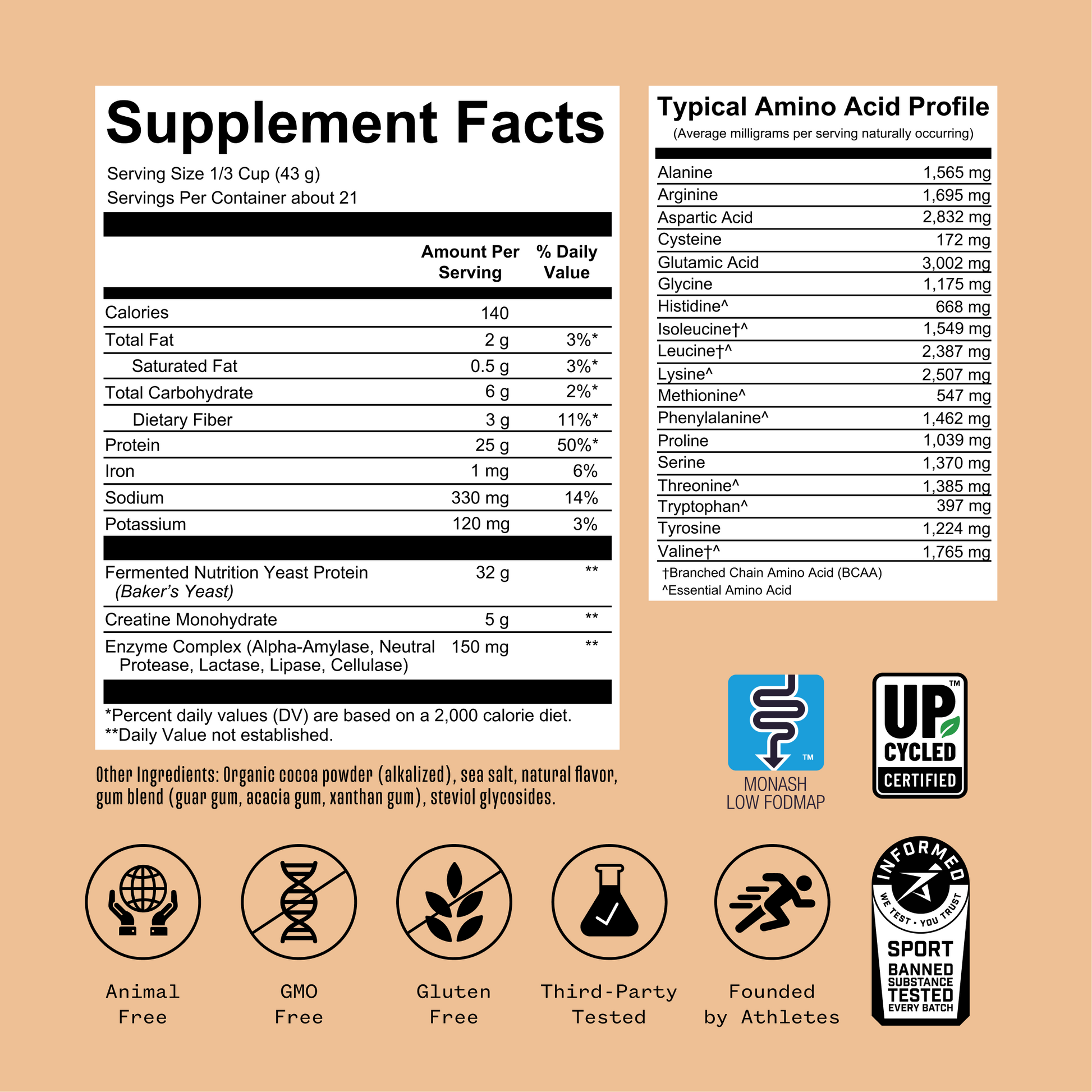 Supplement label with nutritional information and certification logos on a brown background