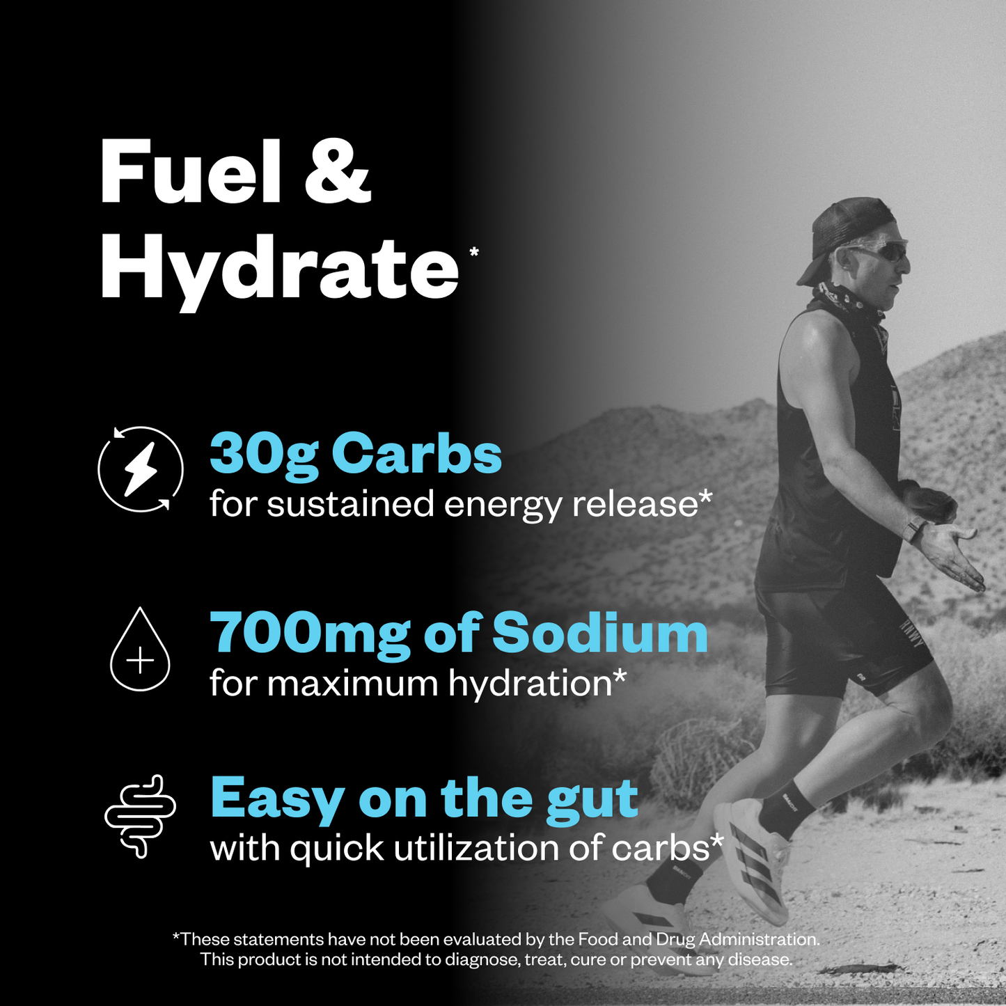 Person running outdoors with nutritional information about fuel and hydration on a black background