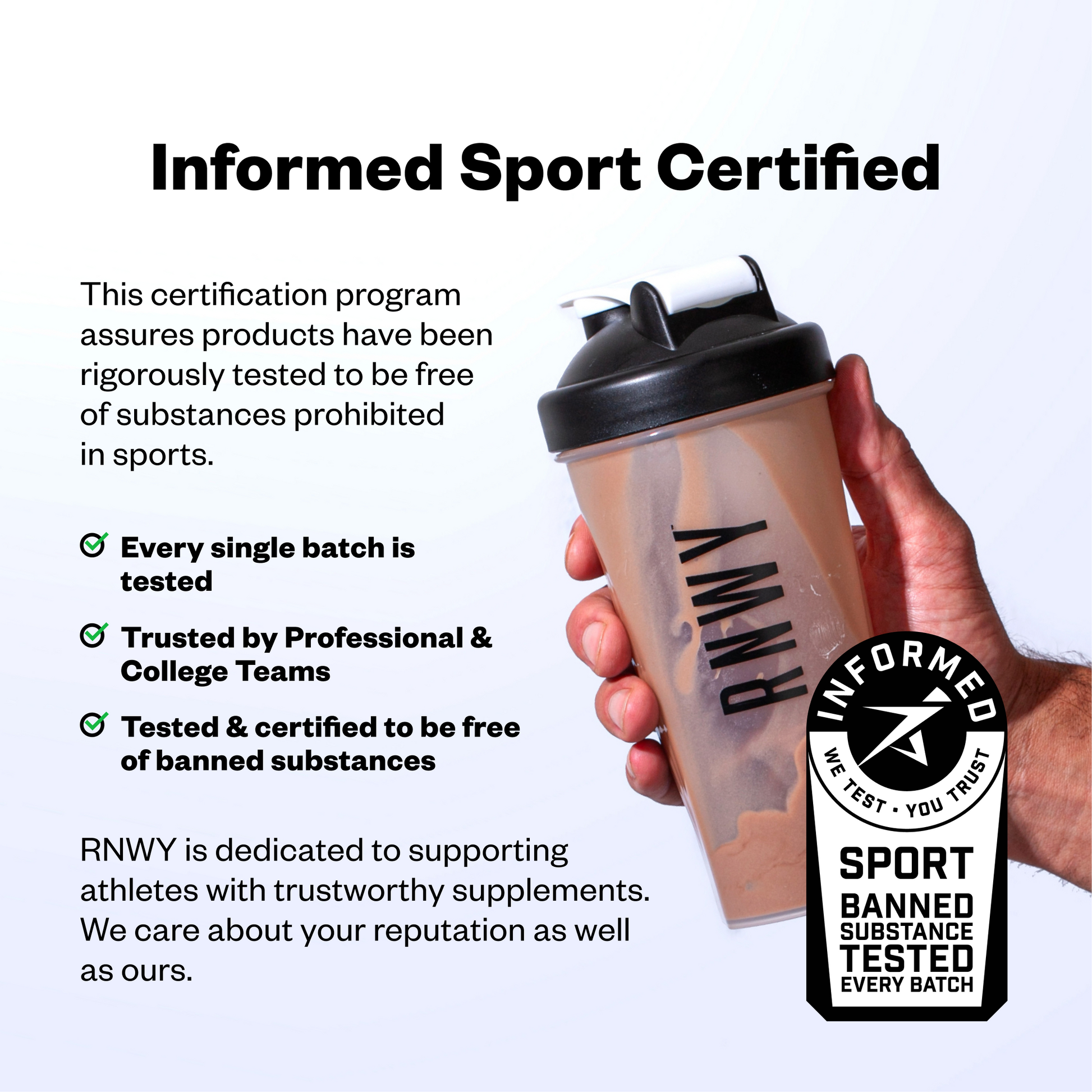 RNWY shaker bottle with Informed Sport certification label on a white background