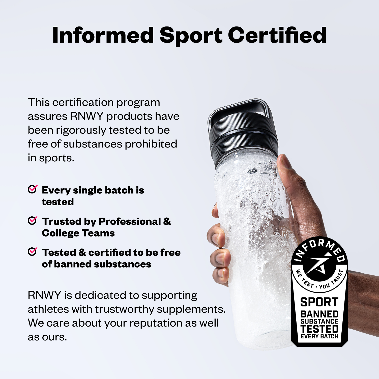 Bottle held by a hand with 'Informed Sport Certified' text and logo on a light gray background