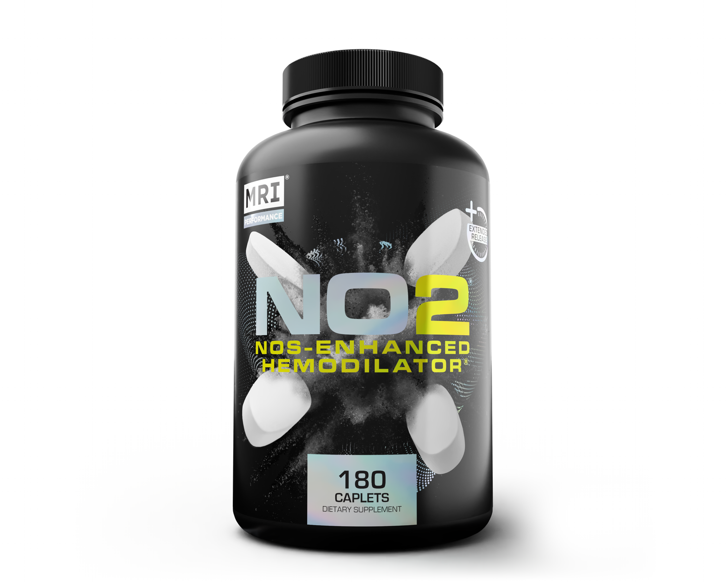Supplement bottle labeled 'NO2 NOS-Enhanced Hemmodilator' with black and gray design on a white background