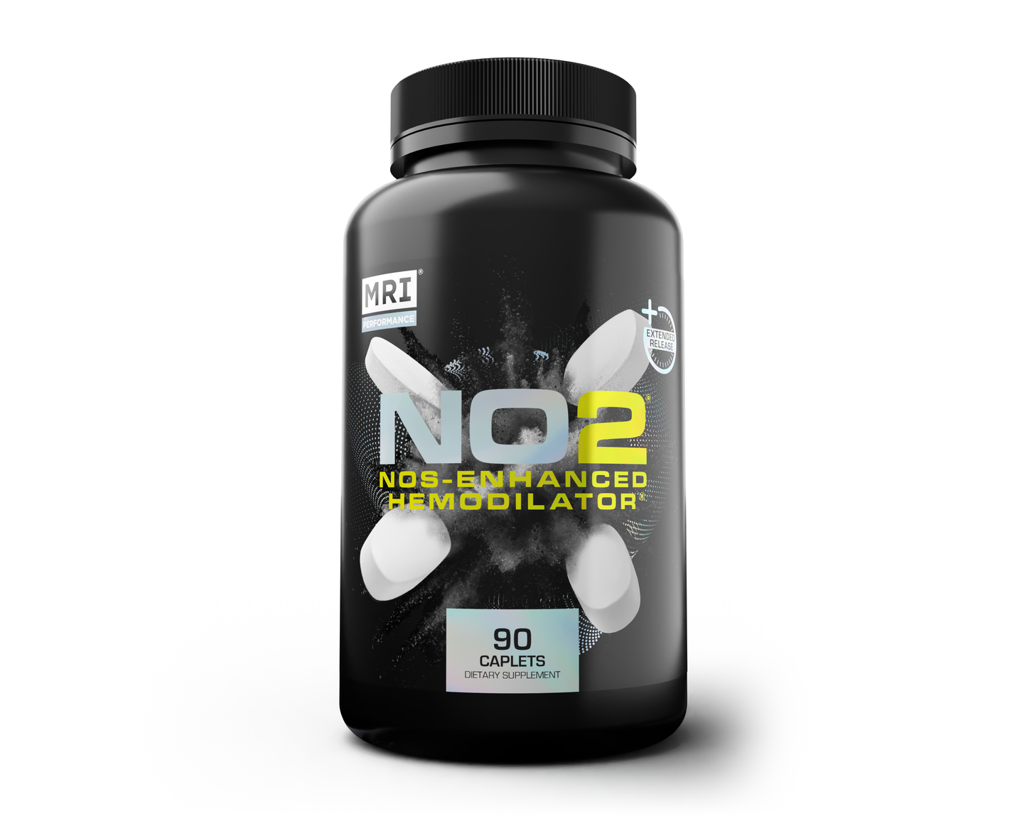Black supplement bottle labeled 'NO2 NOS-Enhanced Hemodilator' on a white background