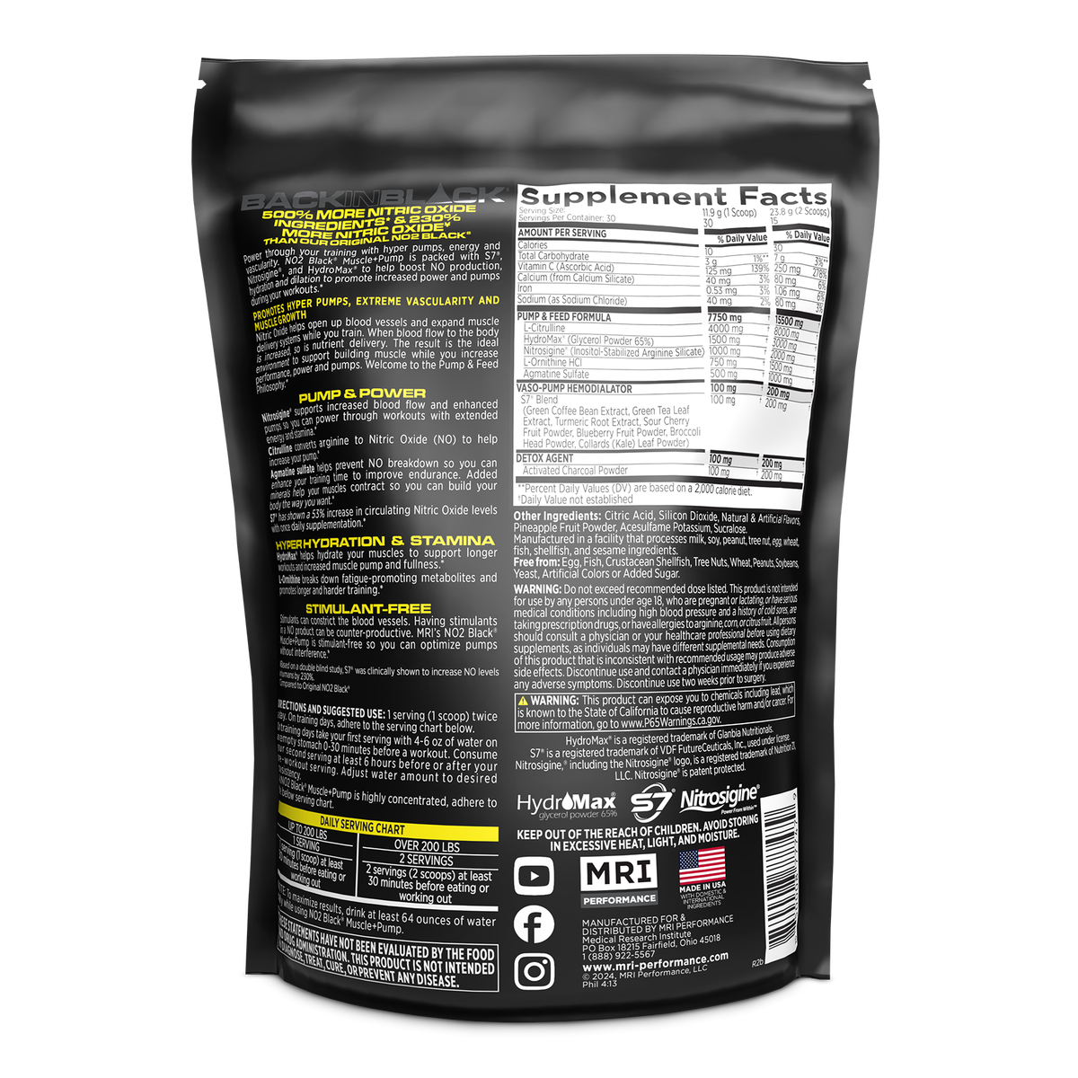The back of a black resealable supplement pouch, showing the Supplement Facts panel, ingredients list, and branding logos including HydroMax and NeuroSport on a white background.