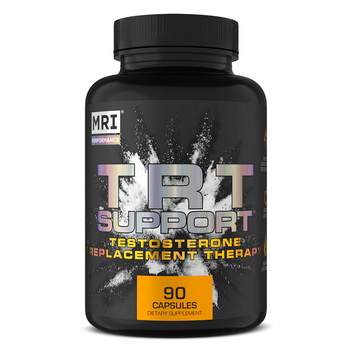 A black plastic bottle of MRI Performance TRT Support dietary supplement with 90 capsules, featuring a black cap and a label with white and yellow text.