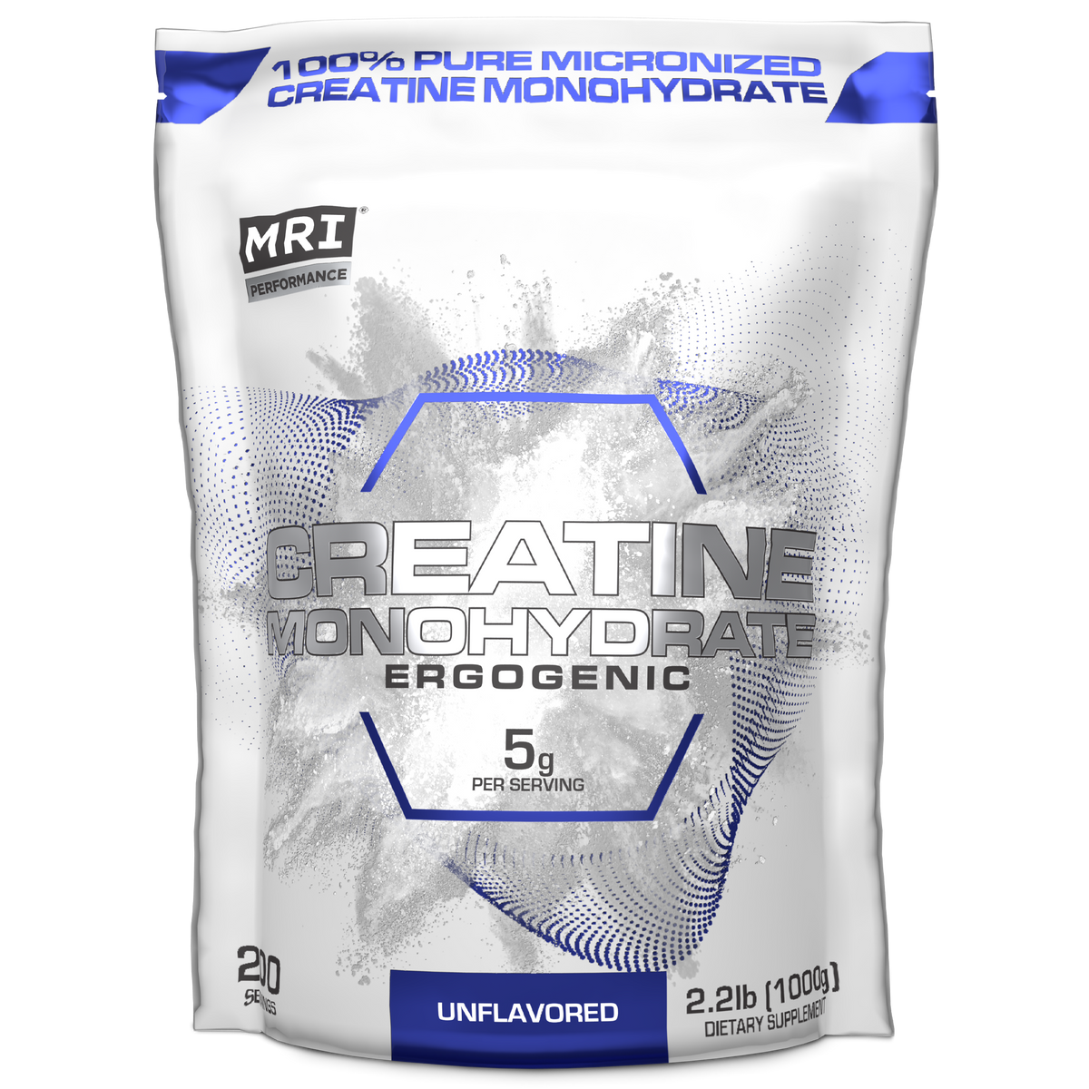 A 2.2 lb bag of MRI Performance Creatine Monohydrate, unflavored, on a solid white background.