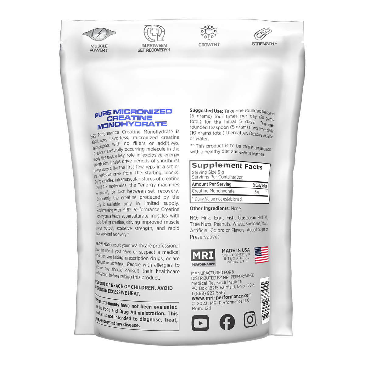 Back side of a white bag of Pure Micronized Creatine Monohydrate showing product information, supplement facts, ingredients, and branding on a white background.