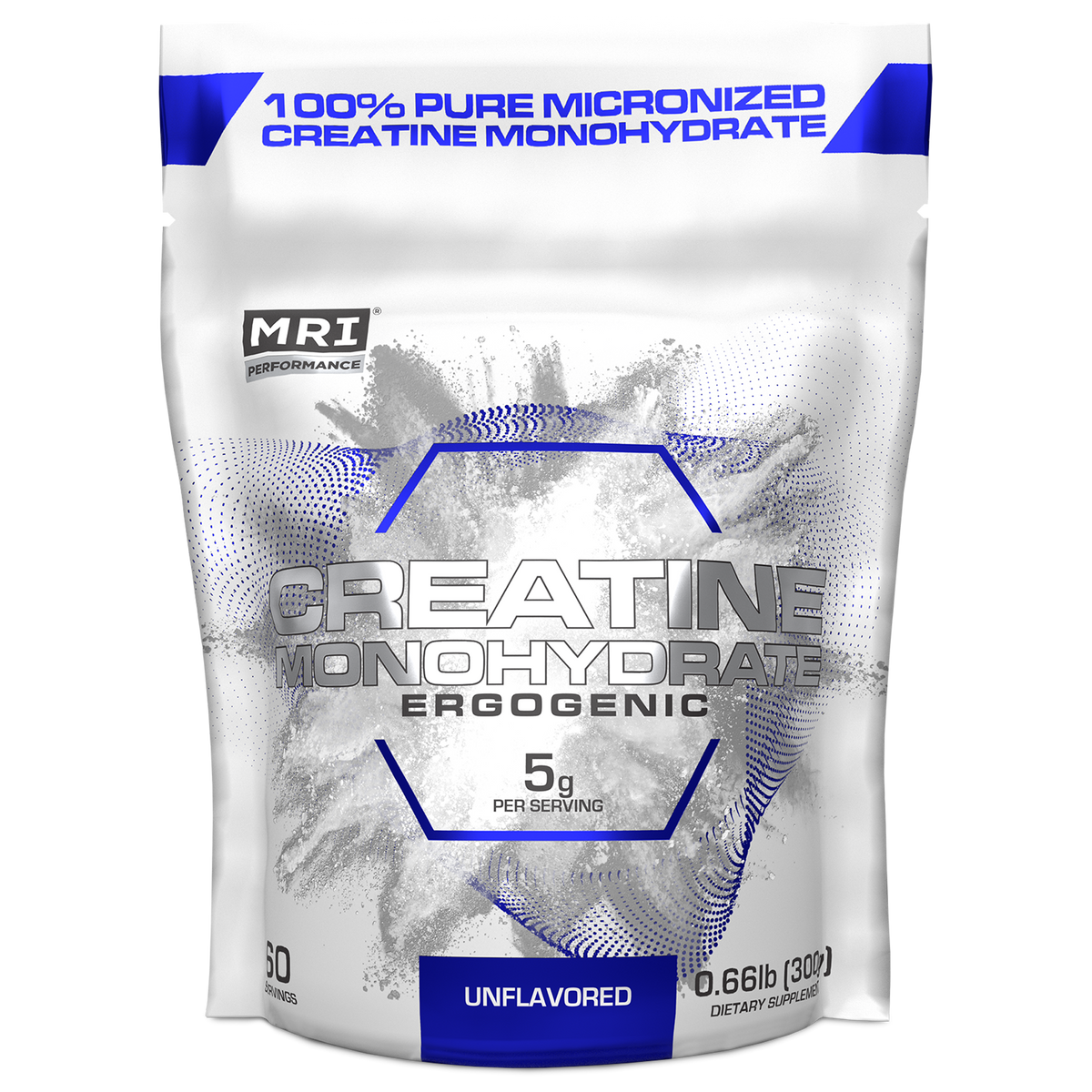 A 5 lb bag of MRI Performance Creatine Monohydrate, unflavored, featuring a white and blue design with a stylized powder splash graphic.