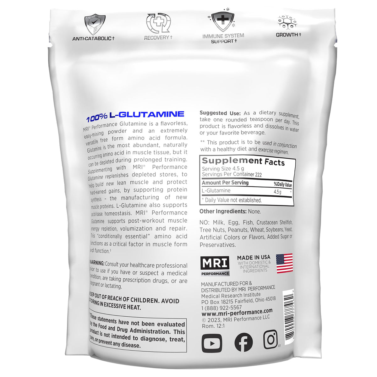 Back view of a white resealable pouch of MRI Performance 100% L-Glutamine dietary supplement, showing text panels, a supplement facts label, and a barcode on a white background.