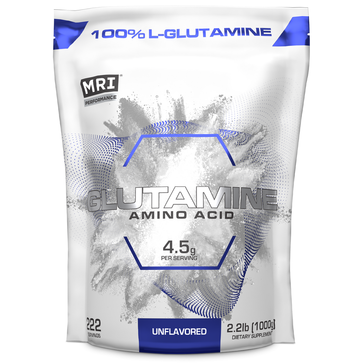 A 2.2 lb bag of MRI Performance 100% L-Glutamine Amino Acid, unflavored.