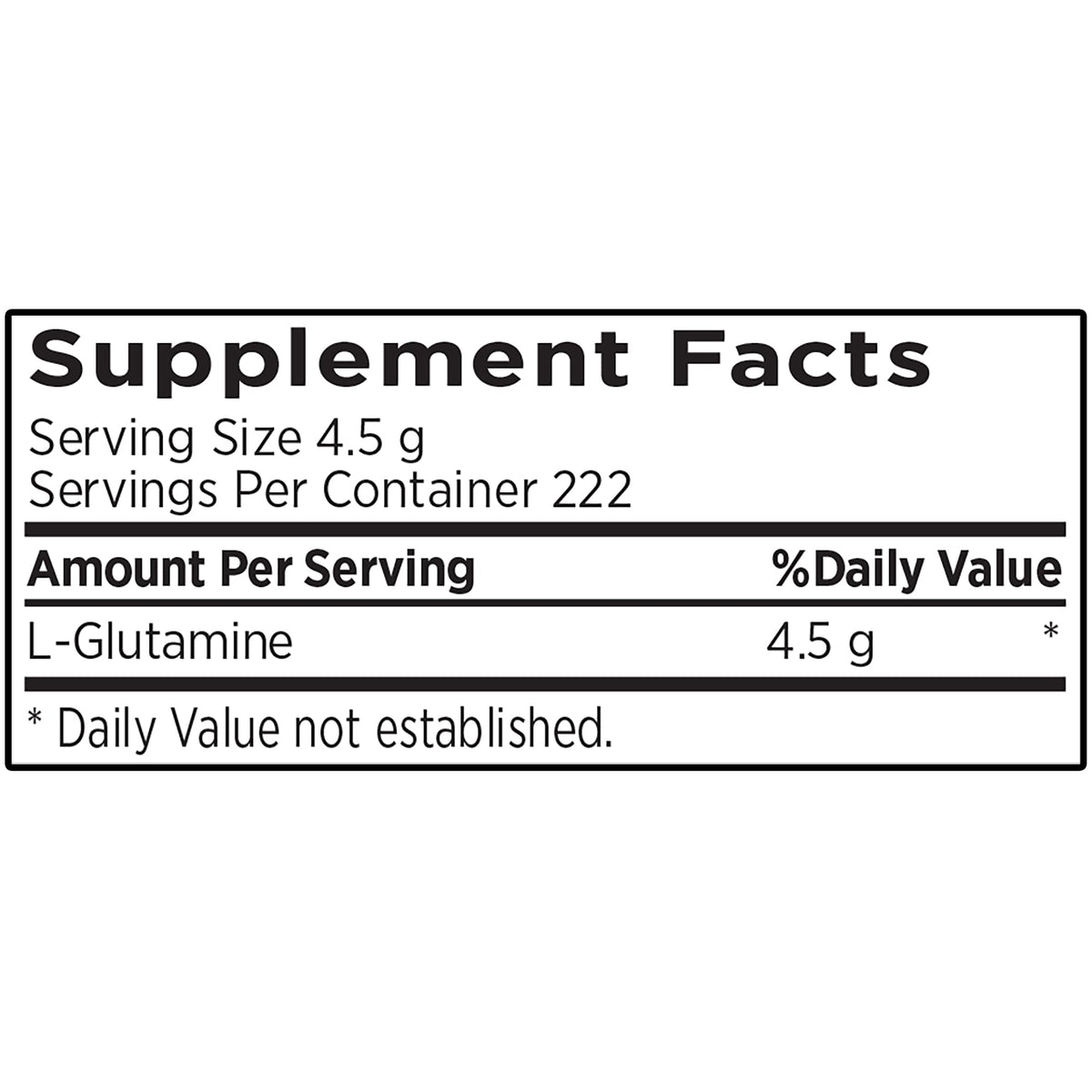 A supplement facts label showing L-Glutamine information on a plain white background.