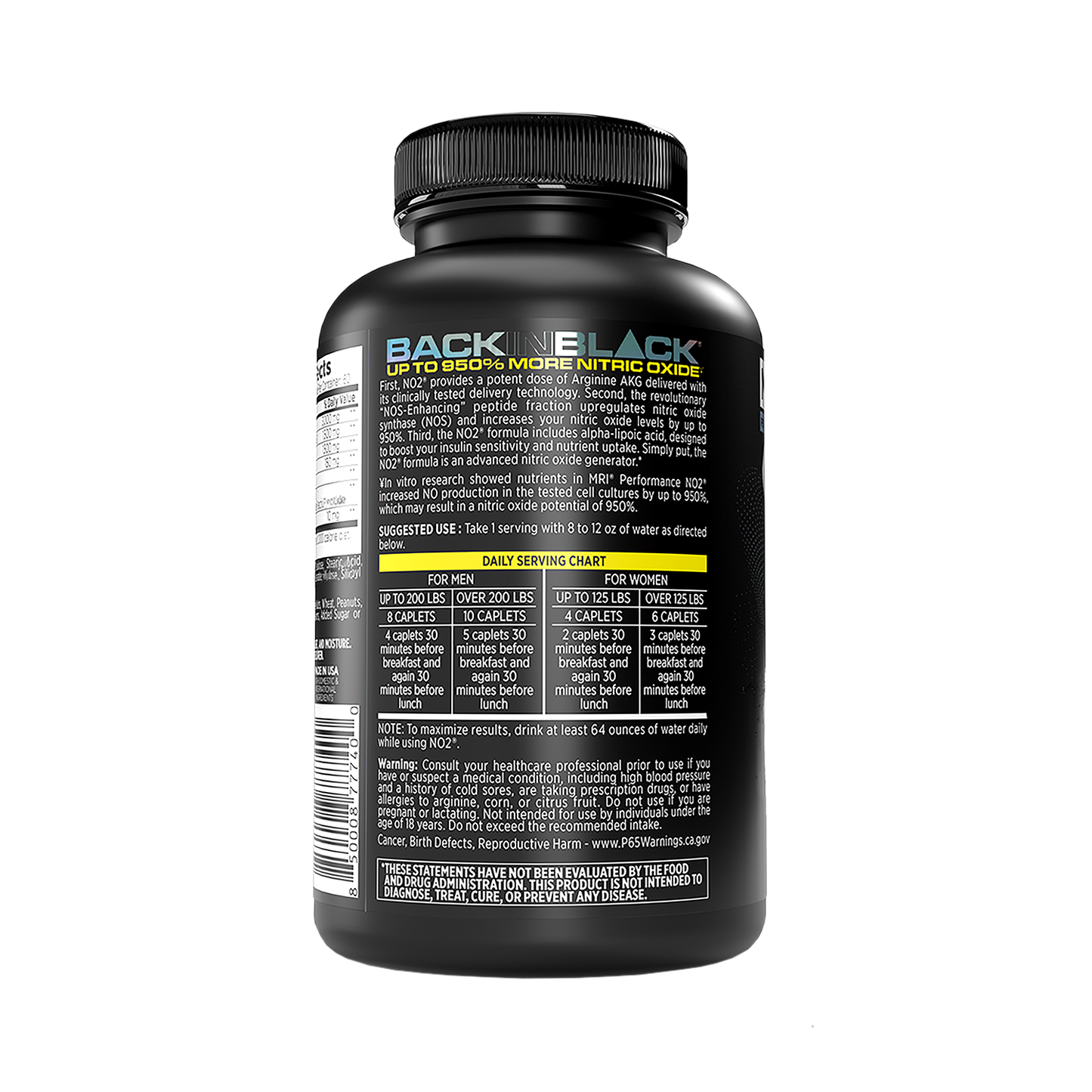 The back of a black supplement bottle labeled BACK BLACK, showing product information, usage directions, and a daily serving chart on a plain white background.