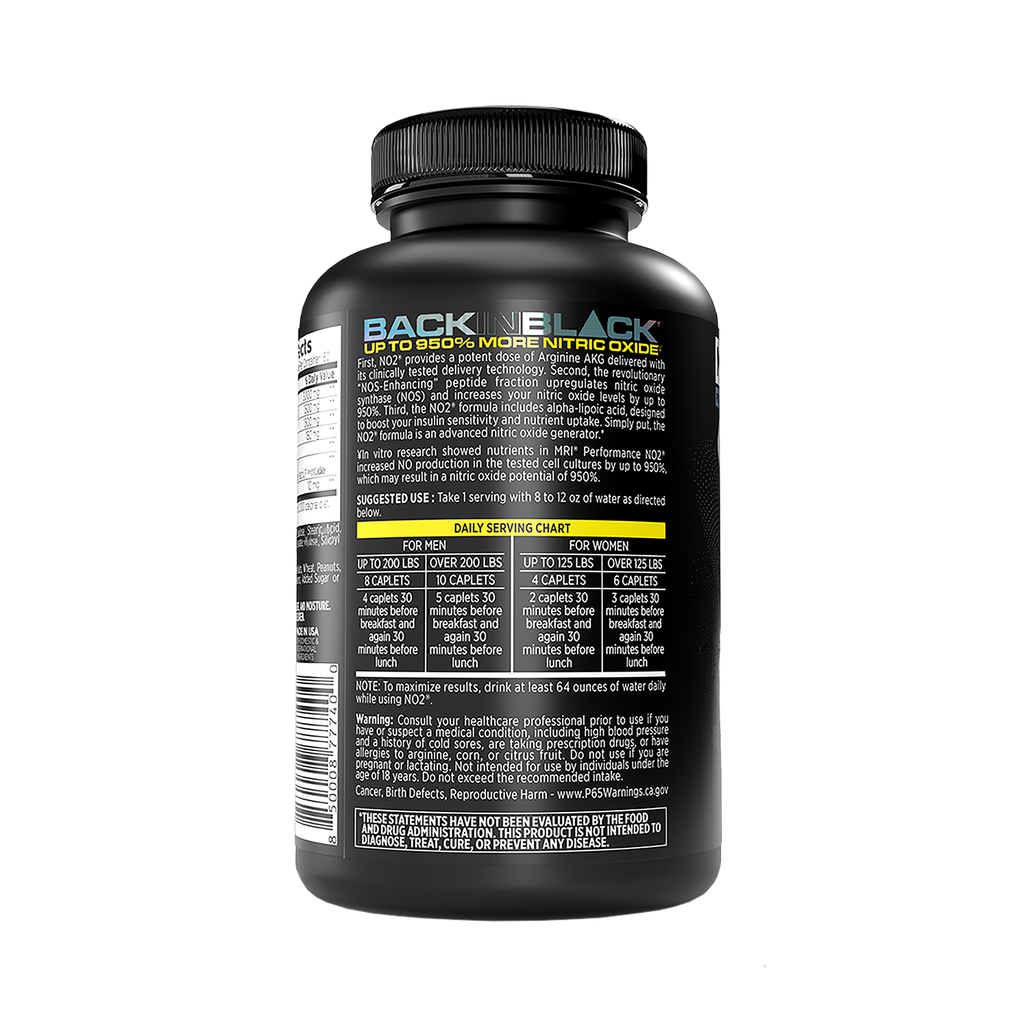 The back of a black supplement bottle labeled BACK BLACK, showing product information, usage directions, and a daily serving chart on a plain white background.