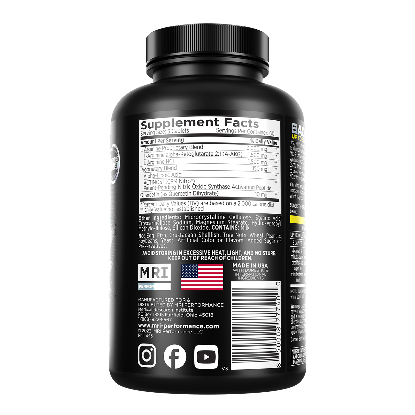 A black supplement bottle shown from the back, displaying the Supplement Facts label with text, a barcode, and social media icons on a plain white background.