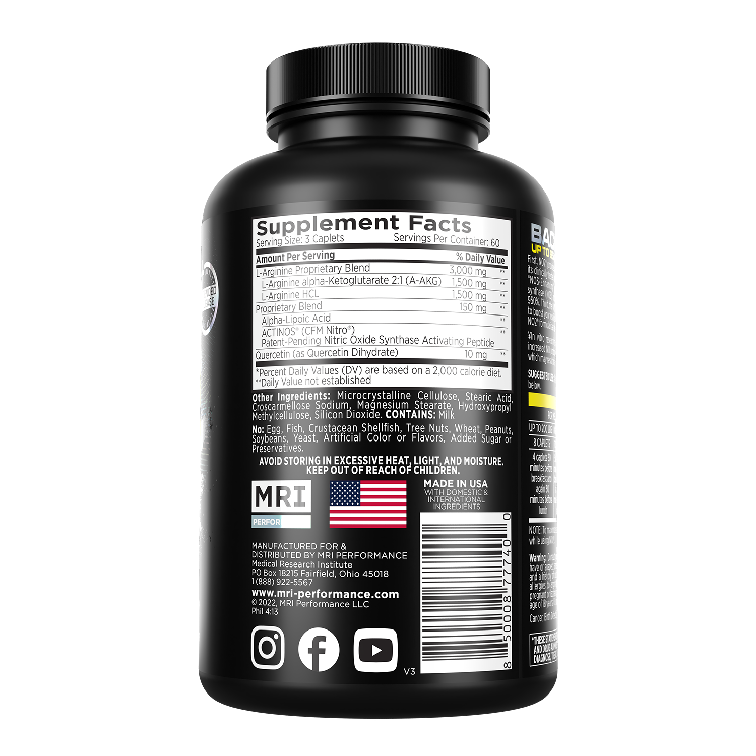 A black supplement bottle shown from the back, displaying the Supplement Facts label with text, a barcode, and social media icons on a plain white background.