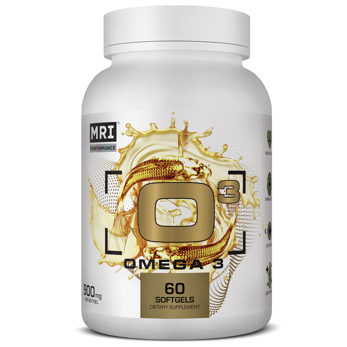 A white bottle of MRI Performance Omega 3 dietary supplement with a gold and white label design featuring a gold fish and splash graphic, containing 60 softgels.