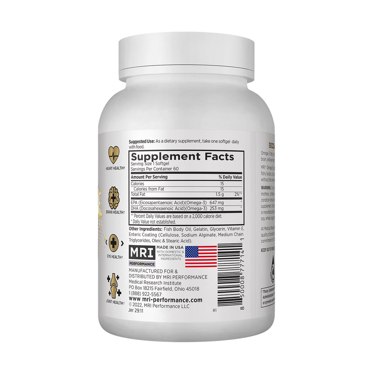 A white plastic bottle of dietary supplement shown from the back, displaying the Supplement Facts label with the MRI Performance logo and an American flag graphic on a plain white background.