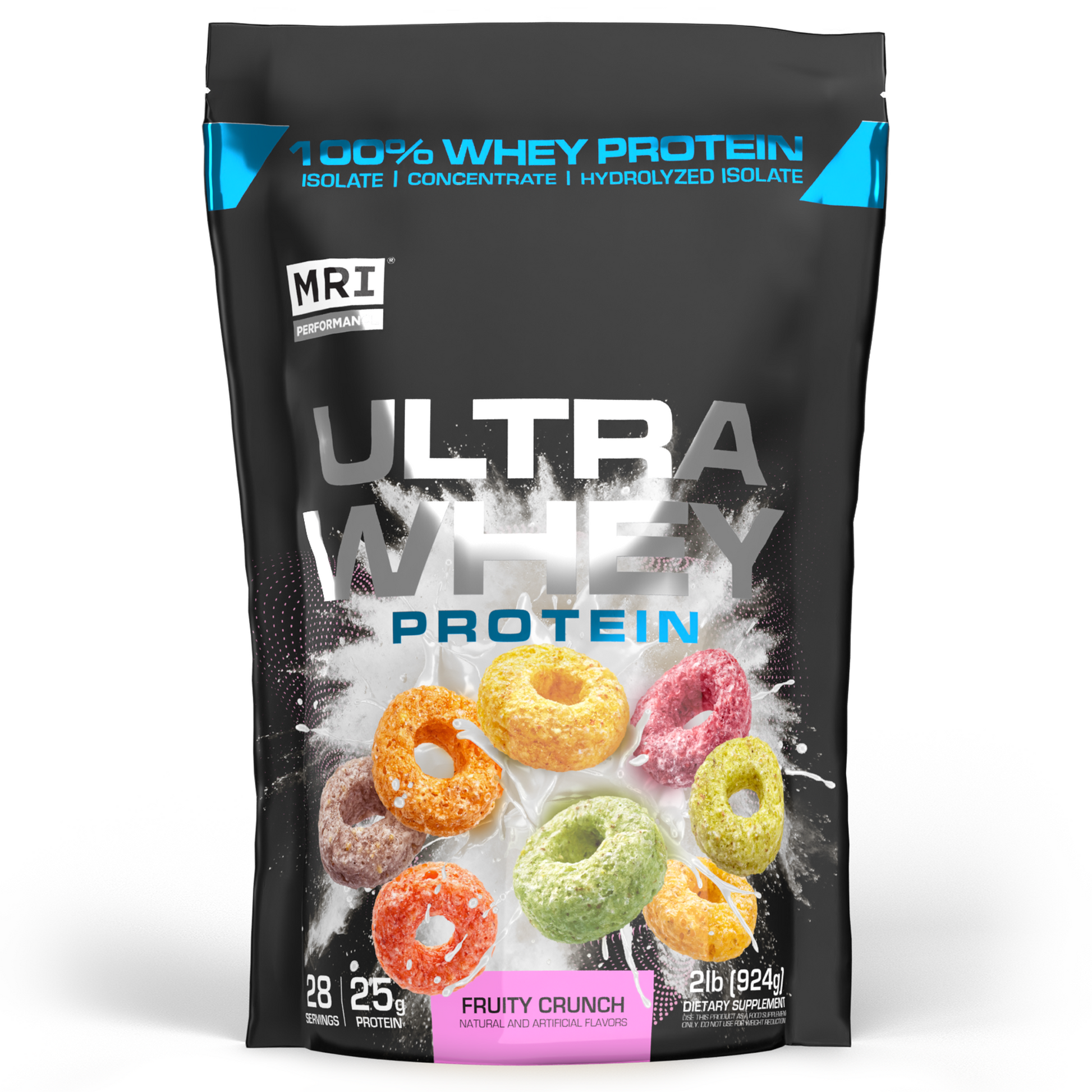 A 2 lb bag of MRI Ultra Whey Protein in Fruity Crunch flavor, featuring a black packaging design with colorful ring cereal illustrations on a white background.
