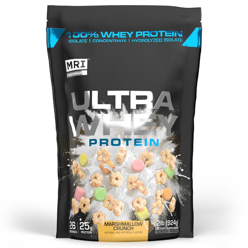 MRi Ultra Whey Protein package with marshmallow crunch flavor on a white background
