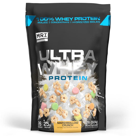 MRi Ultra Whey Protein package with marshmallow crunch flavor on a white background