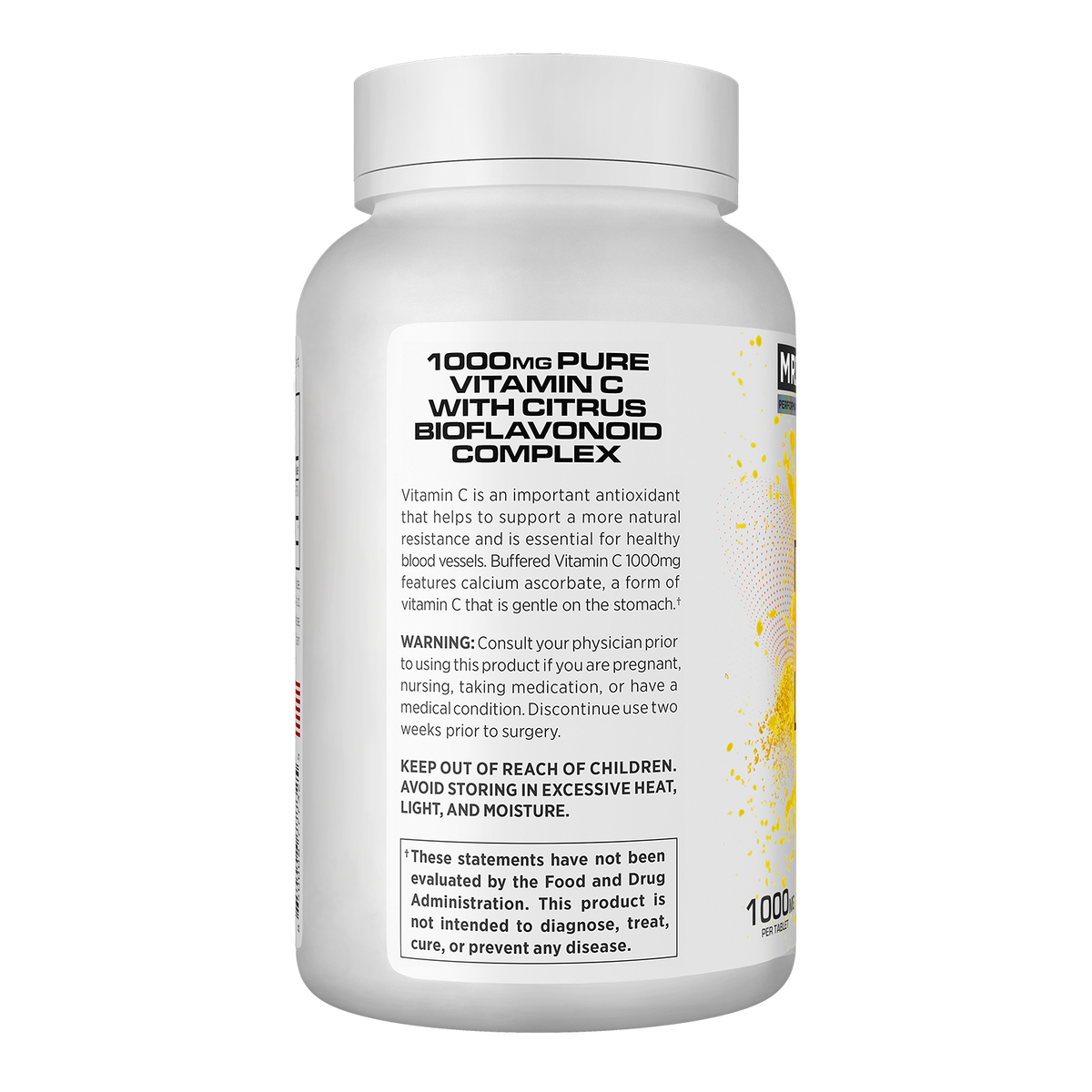 A white bottle of Pure Vitamin C with Citrus Bioflavonoid Complex, 1000mg, shown from the back on a white background.