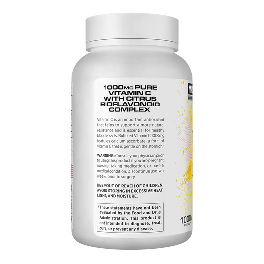 A white bottle of Pure Vitamin C with Citrus Bioflavonoid Complex, 1000mg, shown from the back on a white background.