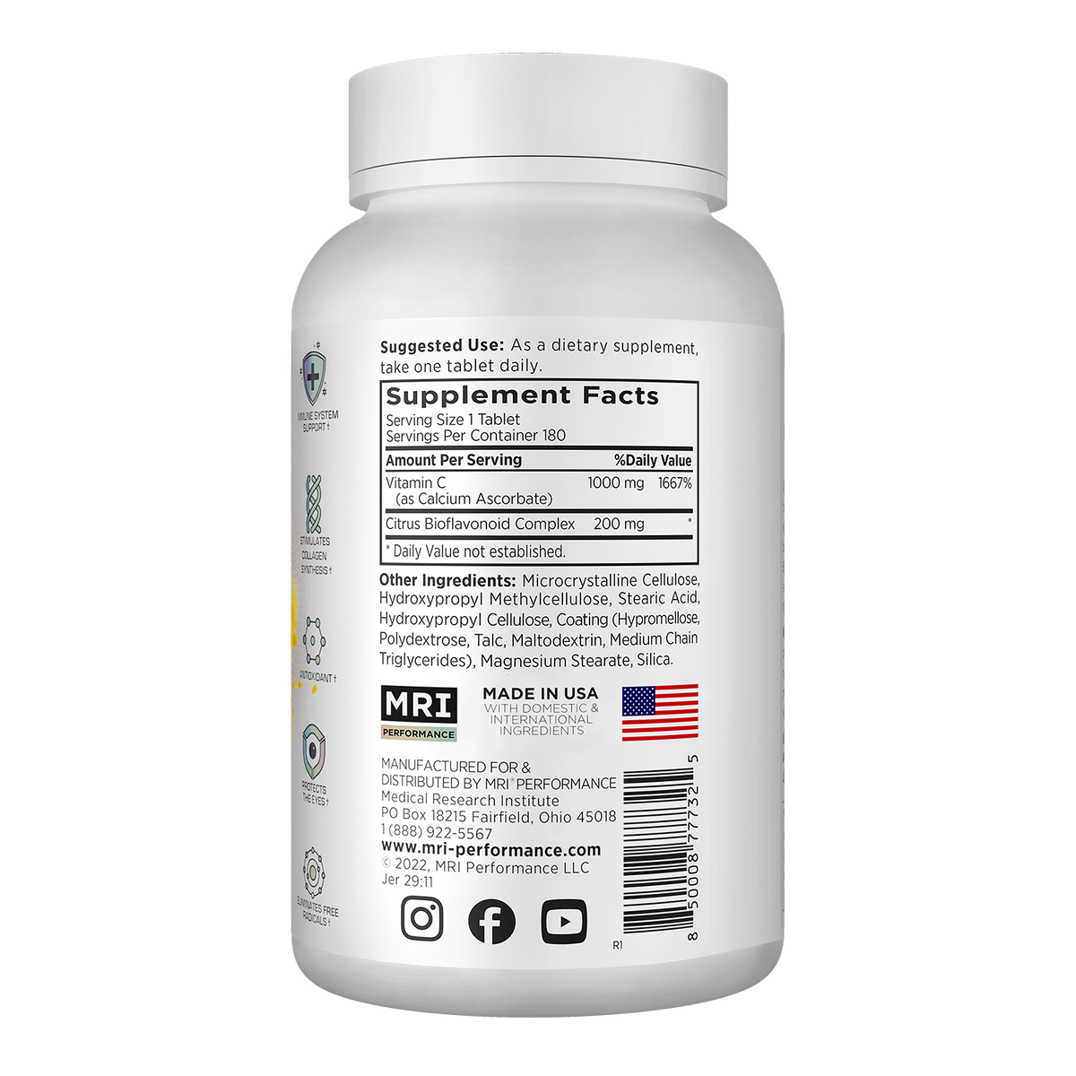 The back of a white plastic supplement bottle, showing the Supplement Facts label, MRIs logo, manufacturer information, and a barcode on a plain white background.