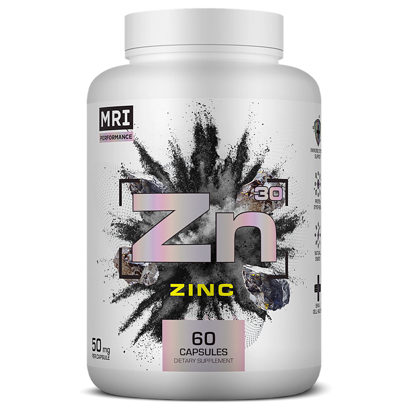 A white plastic bottle of MRI Performance Zinc dietary supplement, 60 capsules, featuring a metallic silver and black label with a pink and yellow accent design.