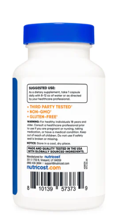 Supplement bottle with blue cap and label on a white background