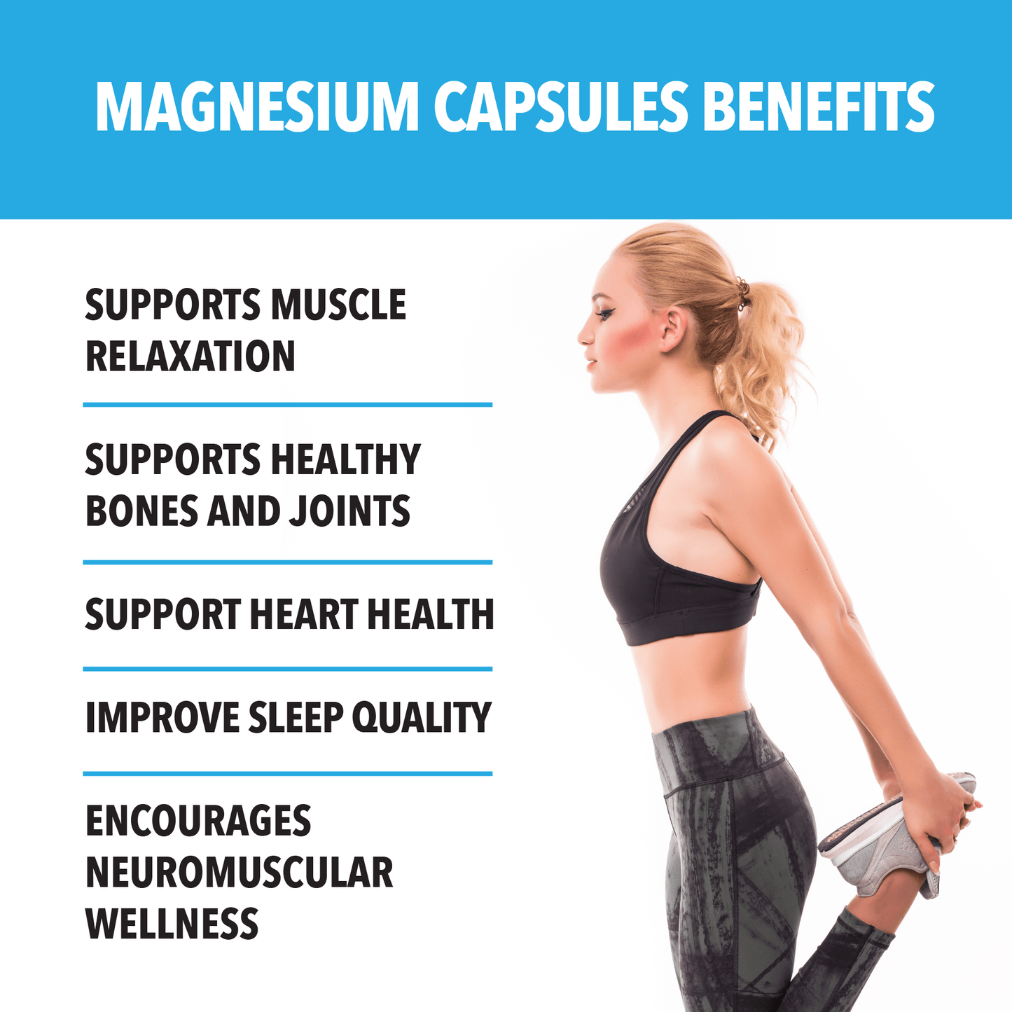 Woman exercising with text listing magnesium capsules benefits on a blue and white background