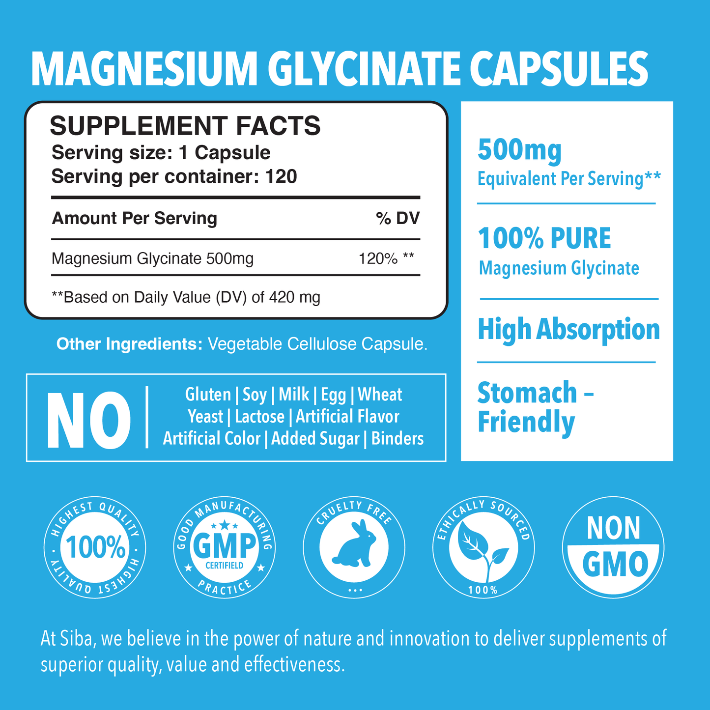 Supplement facts label for magnesium glycinate capsules on a blue background