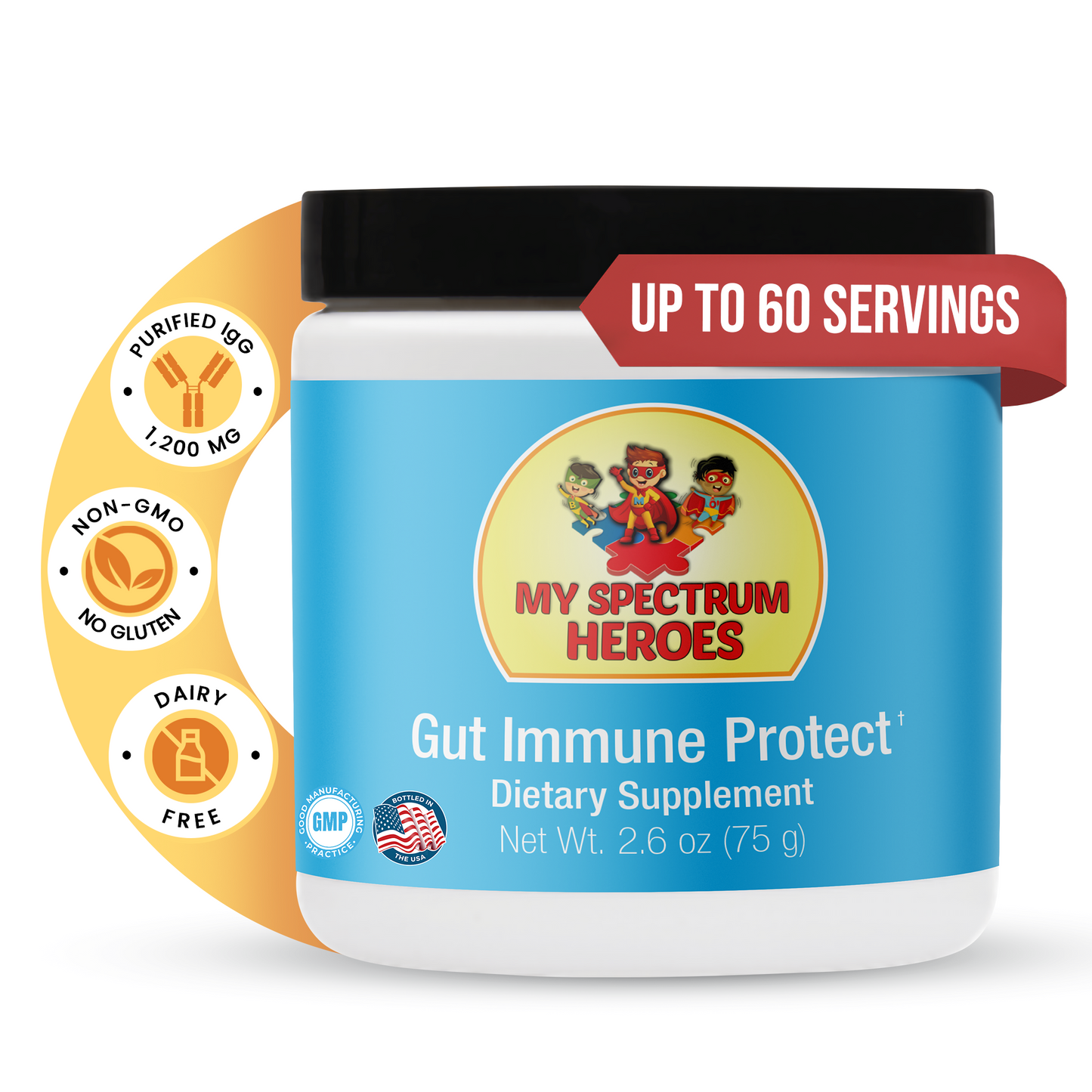 My Spectrum Heroes Gut Immune Protect dietary supplement jar with blue label and black lid on a white background