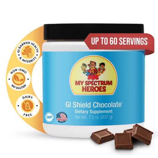 My Spectrum Heroes GI Shield Chocolate dietary supplement container with chocolate pieces on a white background