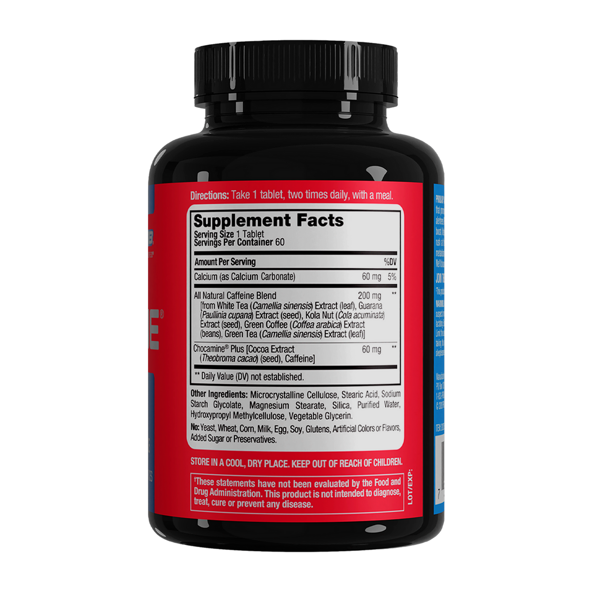 A black plastic bottle of dietary supplements with a black cap, showing the back label with a large red Supplement Facts panel and white text. The label also includes a blue side panel with product details.