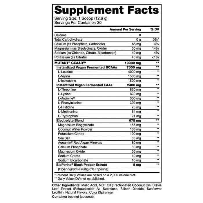 A supplement facts label for Instantized Vegan Fermented BCAs and EAKs, showing a detailed list of ingredients and nutrients in a white box with black text on a black background.