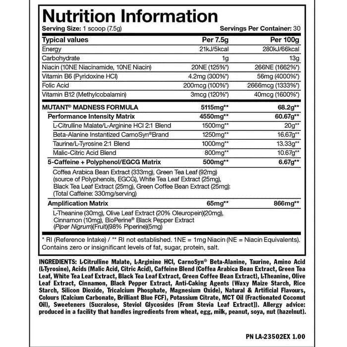 A close-up of a black-and-white Nutrition Facts label showing serving size, calories, nutrients, and ingredient list for a supplement blend. Visible text includes Mutant Madness, L-Theanine, caffeine, and green tea leaf extract.