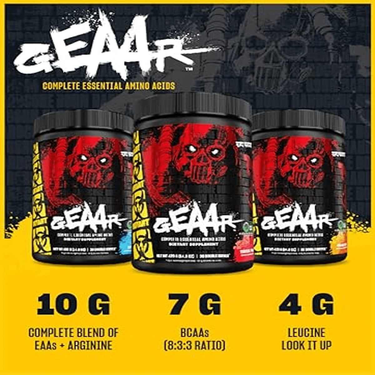 Three jars of GEAAR Complete Essential Amino Acids displayed on a yellow and black promotional background, with text indicating 10G, 7G, and 4G protein content.