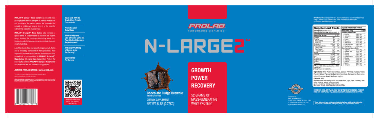 A flat label design for a supplement product called N-LARGE 2 by ProLabs. The label is primarily blue with red side panels, featuring the product name 'N-LARGE 2' in white and red, a small chocolate bar graphic, and a nutrition facts panel on the right.