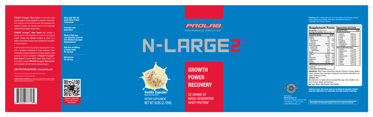 A flat, front-facing view of a supplement package label for Prolab N-Large 2. The label is predominantly bright blue with red side panels and a central white and red logo block.
