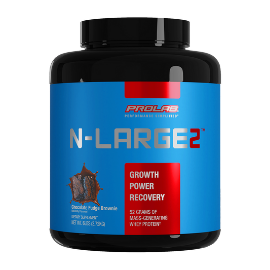 A black plastic tub of Prolab N-Large 2 Chocolate Fudge Brownie flavor whey protein powder, featuring a bright blue label with red and silver accents.