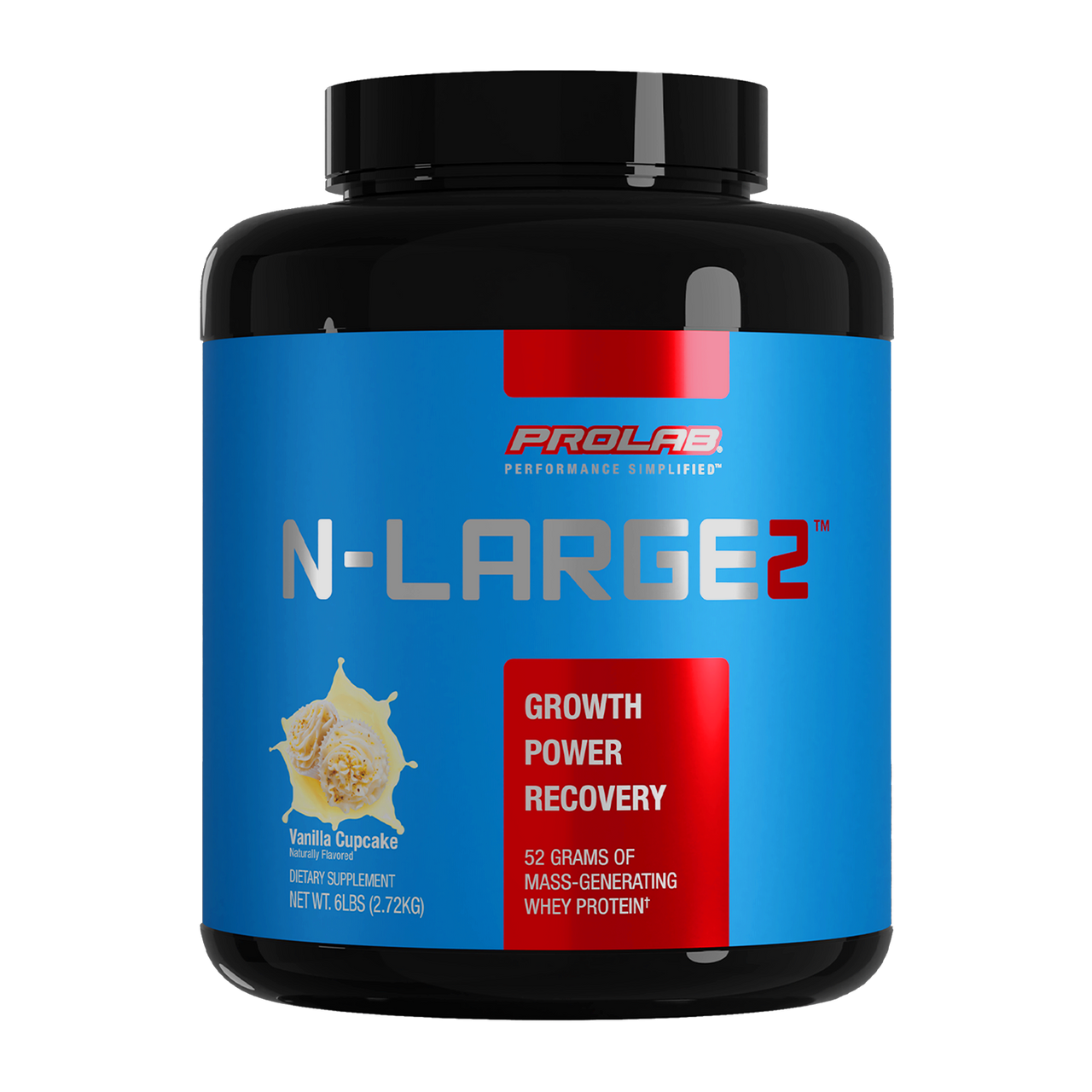 A black plastic tub of Prolab N-Large 2 Vanilla Custard flavor protein powder with a bright blue and red label, shown on a plain white background.