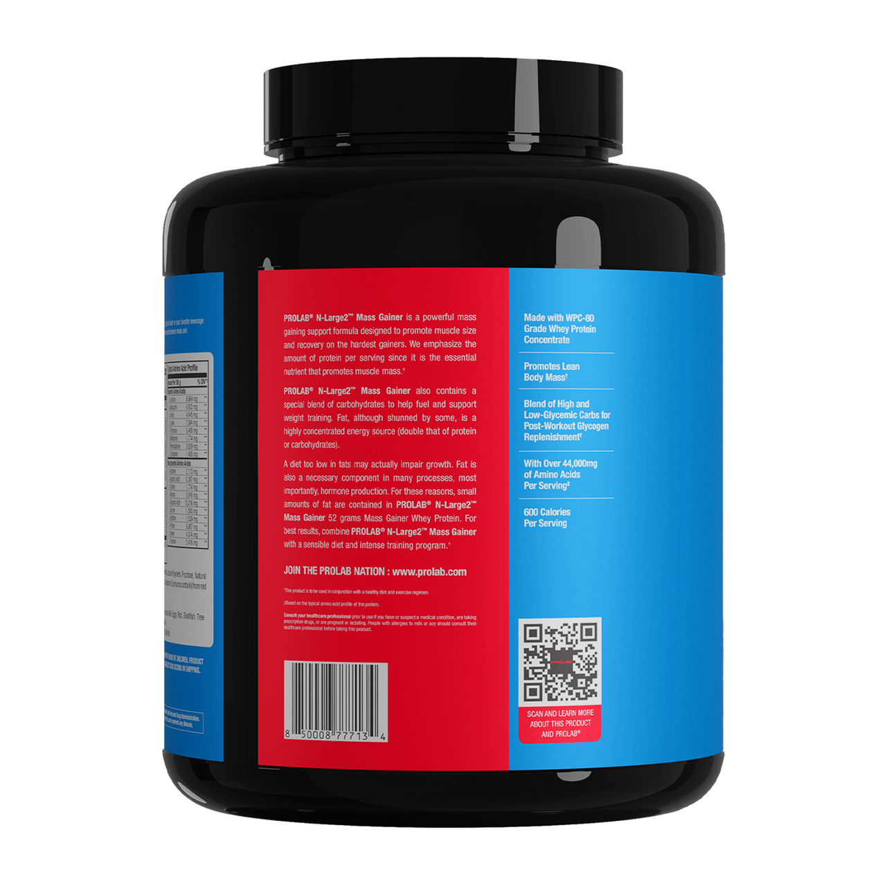 A black plastic tub of Philip Kyburz Whey Isolate protein powder, shown from the back with a red and blue label. The label features white text, a QR code, and a barcode.
