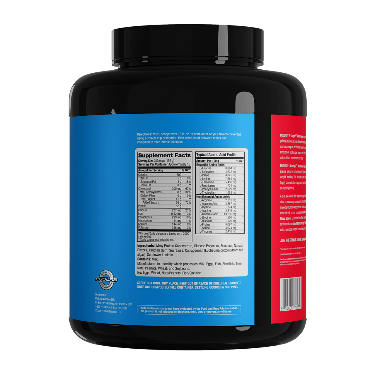 A black plastic tub of a dietary supplement, shown from the back with a large blue label displaying the Supplement Facts panel and a red side panel, on a plain white background.