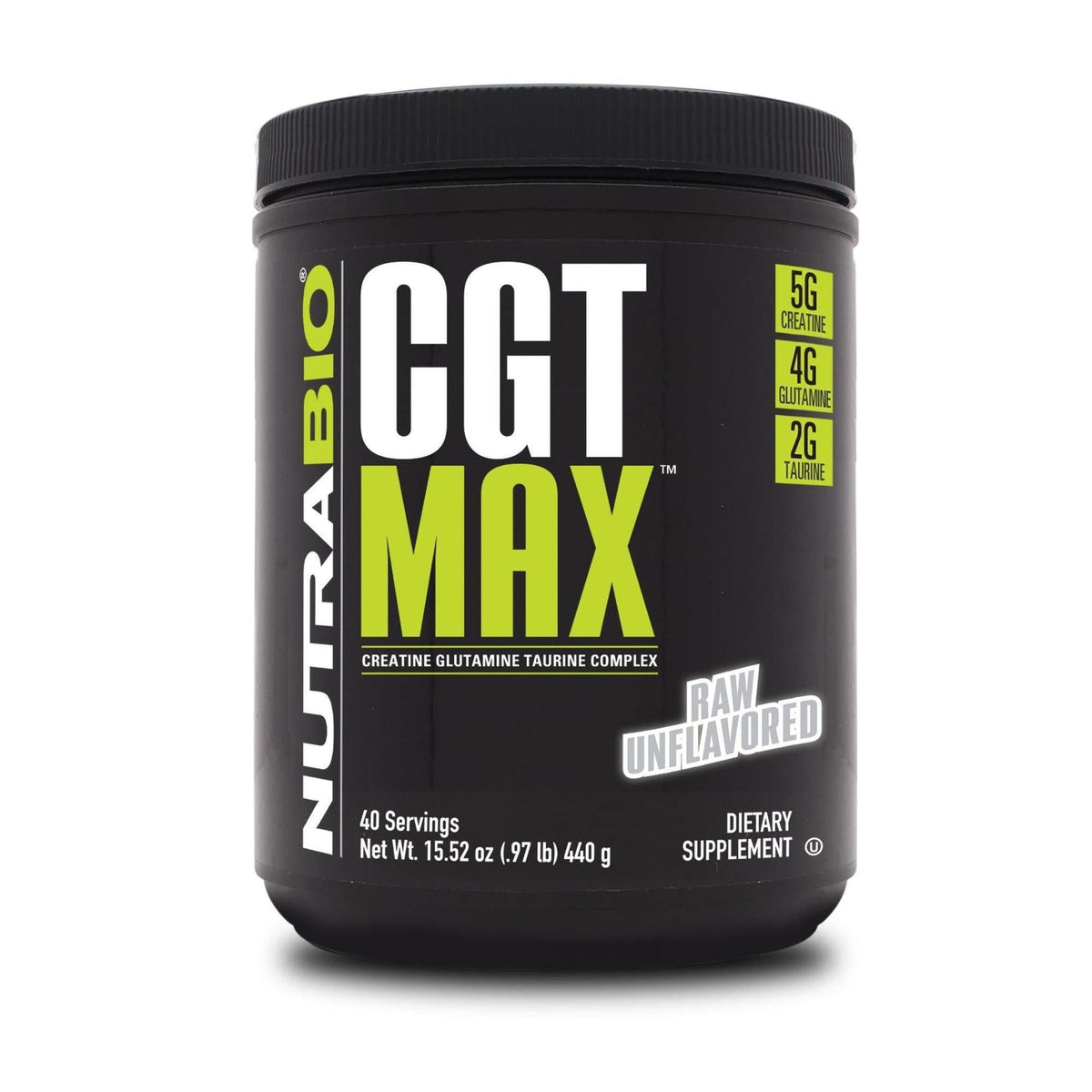 Black supplement container labeled 'CGT Max' by NutraBio on a white background