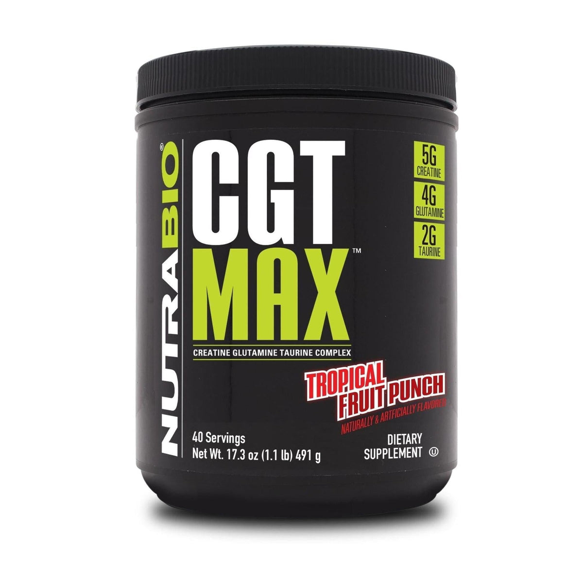 Nutritional supplement container labeled 'CGT Max' with tropical fruit punch flavor on a white background