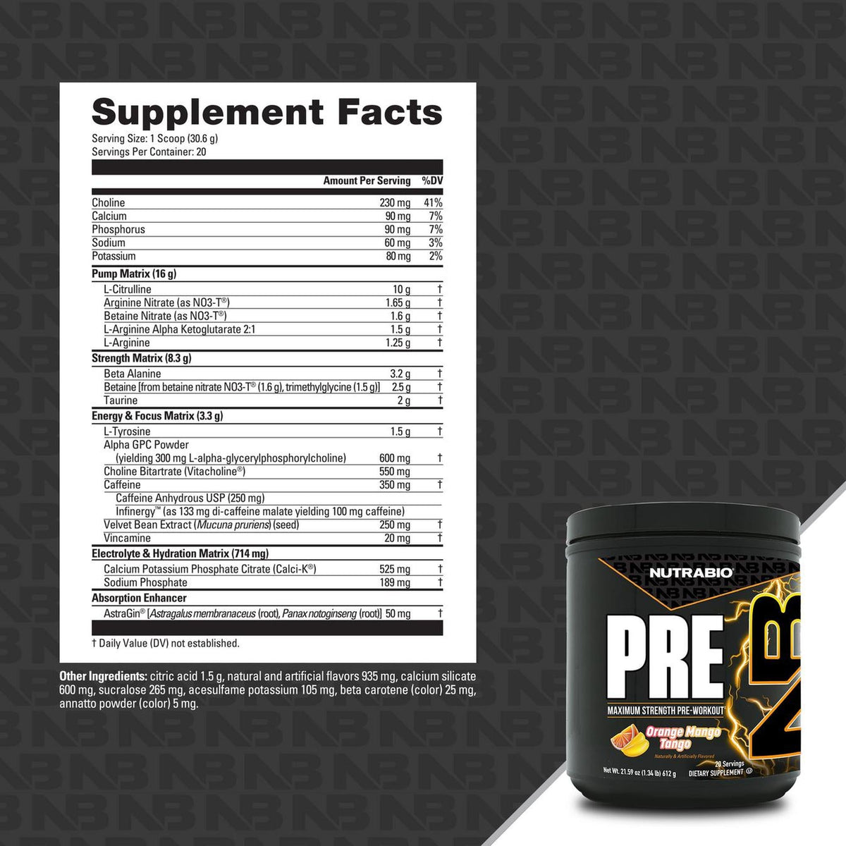 NUTRABIO PRE supplement container with supplement facts label on a dark background