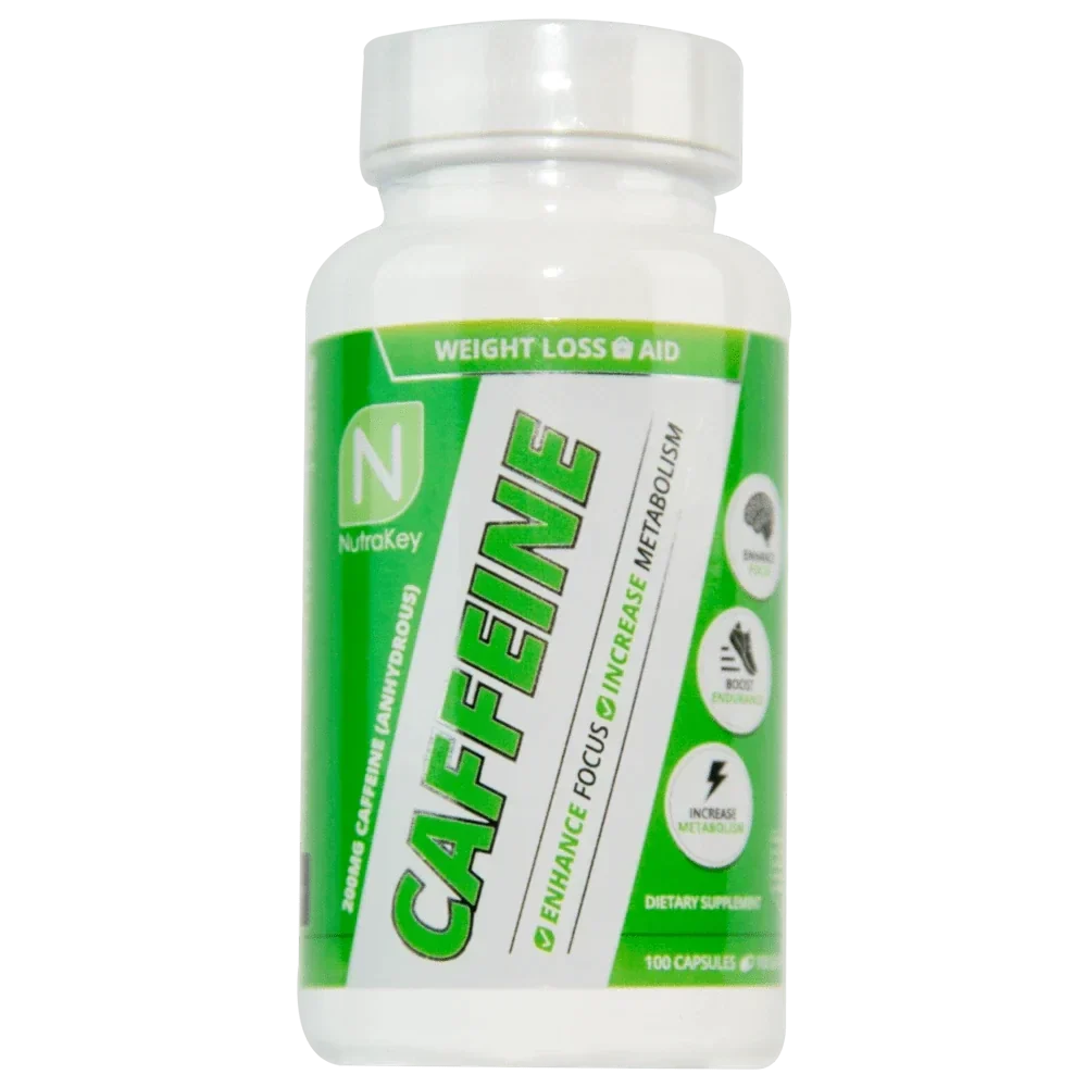 A white plastic bottle of NutraKey Caffeine dietary supplement with a green and white label, shown on a plain white background.