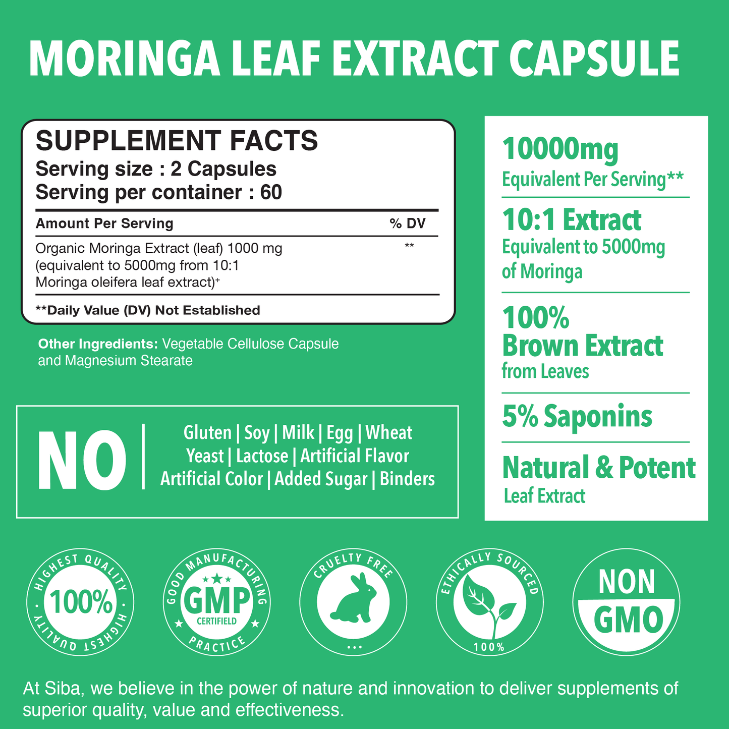 Moringa leaf extract capsule supplement facts label on a green background