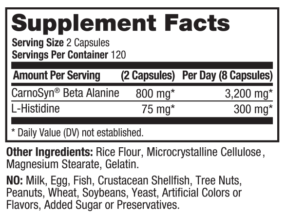 A close-up of a supplement facts label showing serving size 2 capsules, servings per container 120, and the daily value table for CarnoSyn® Beta Alanine and L-Histidine. The label also lists other ingredients including rice flour, microcrystalline cellulose, magnesium stearate, gelatin, and excludes milk, egg, fish, crustacean shellfish, tree nuts, peanuts, wheat, soybeans, yeast, artificial colors, or flavors.