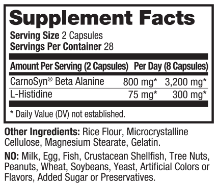 A close-up of a supplement facts label showing the brand name CarnoSyn and ingredients including Beta Alanine and L-Histidine, with serving size 2 capsules and daily value information.